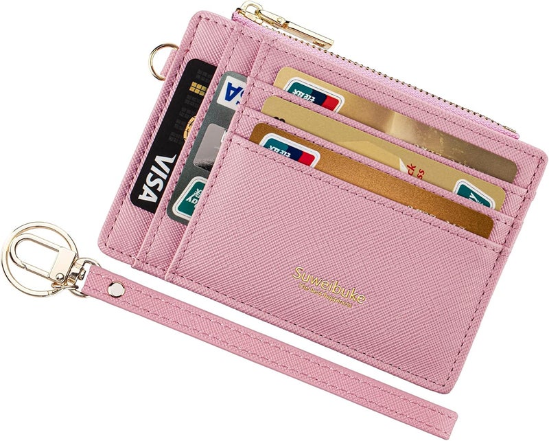 Wikavanli Women Slim Rfid Blocking Credit Card Case Holder Wristlet Zip ID Case Wallet Small Compact Leather Wallet Coin Purse with Keychain (Pink) - Image 1